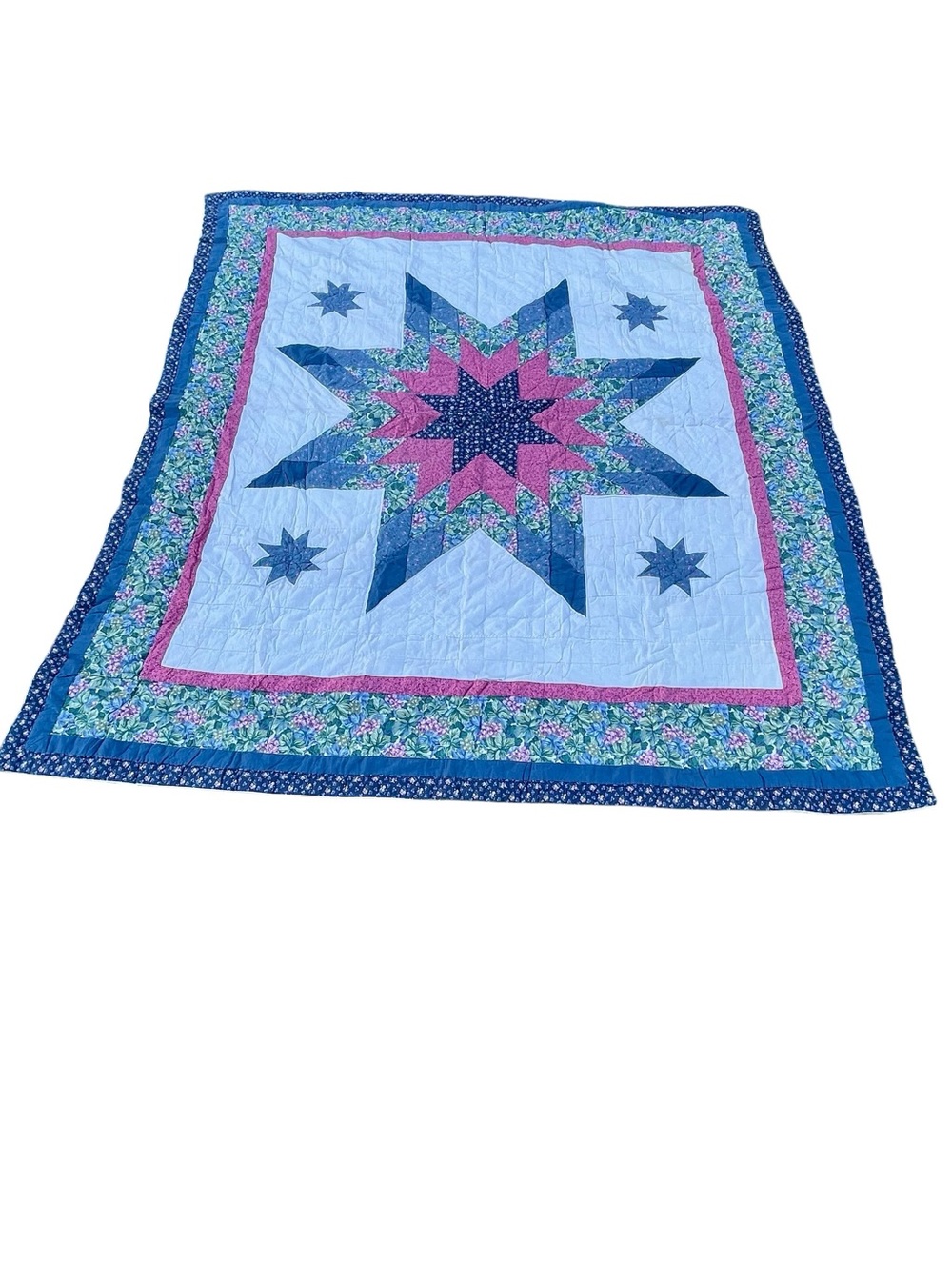 Vintage Handmade Lone Star Patchwork Quilt Bedding 94” x 86.5” Queen - Picture 2 of 9